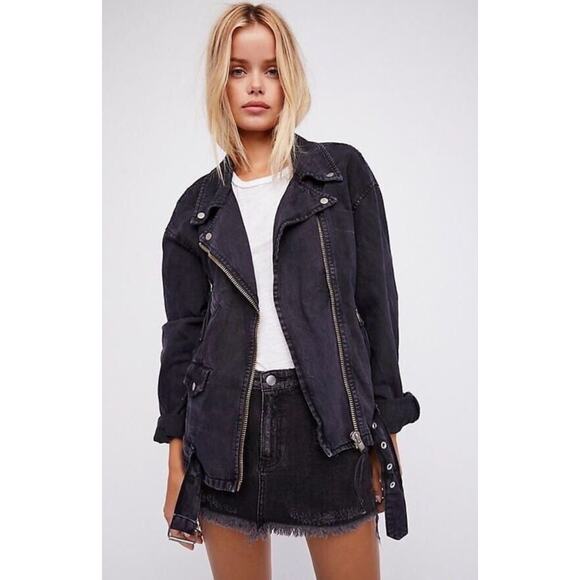 Free People Black Denim Rebel Moto Style Jacket Corset Sides XS - Picture 1 of 9